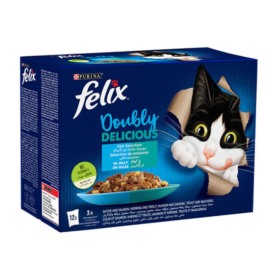 Purina Felix Doubly Delicious Fish Selection Wet Food in Jelly for Adult Cats box