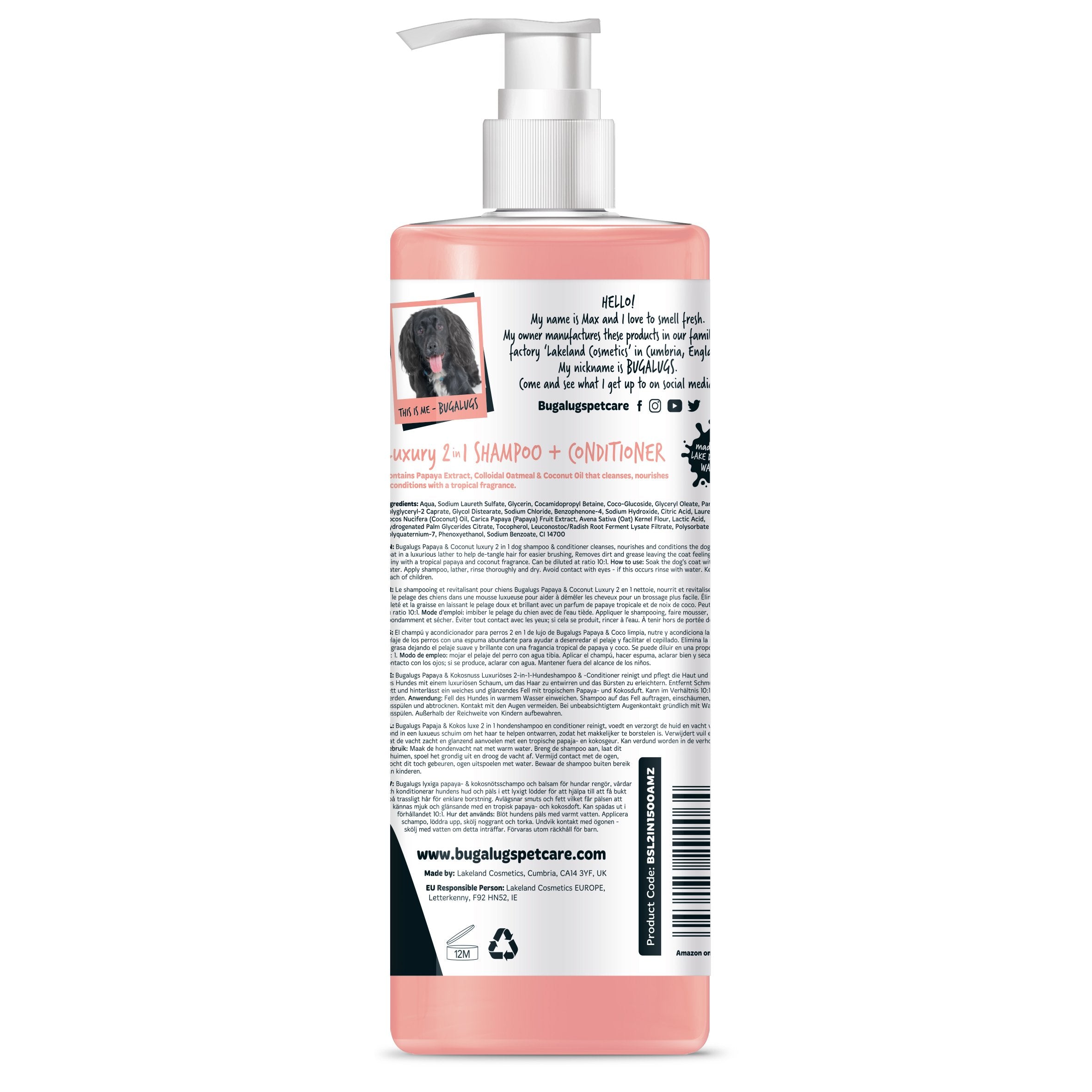 Bugalugs Luxury 2 In 1 Papaya & Coconut Dog Shampoo & Conditioner 500ml (16.9 Fl Oz)