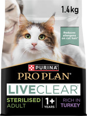 PRO PLAN LIVECLEAR STERILISED ADULT, ALLERGEN REDUCING DRY CAT FOOD WITH TURKEY 1.4 KG