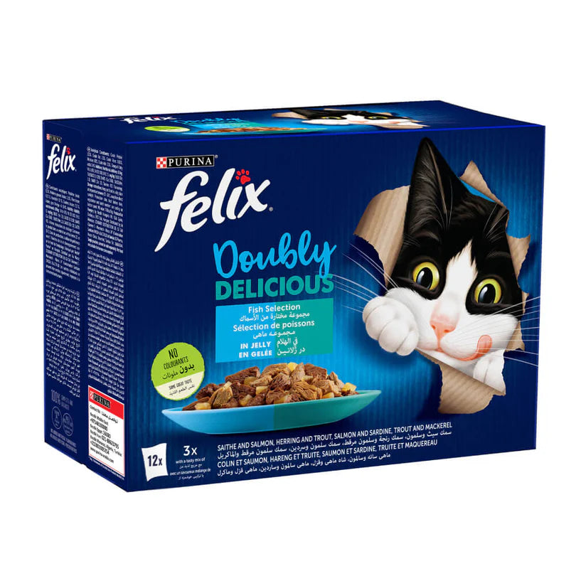Purina Felix Doubly Delicious Fish Selection Wet Food in Jelly for Adult Cats box