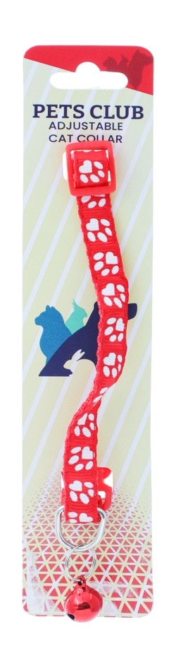 PETS CLUB ADJUSTABLE CAT COLLAR WITH BELL- RED PAW